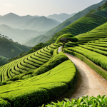 **

Lush green tea fields in Boseong, South Korea, bathed in soft sunlight. Rolling hills covered in meticulously planted tea bushes. A winding path leads through the plantation. In the background, misty mountains provide a scenic backdrop. Focus on the natural beauty and serenity of the tea farm.

**