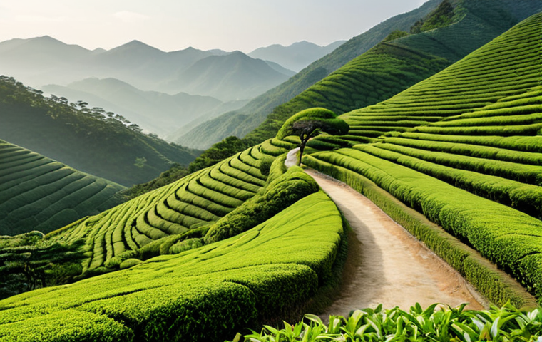 **
Lush green tea fields in Boseong, South Korea, bathed in soft sunlight. Rolling hills covered in meticulously planted tea bushes. A winding path leads through the plantation. In the background, misty mountains provide a scenic backdrop. Focus on the natural beauty and serenity of the tea farm.
**
