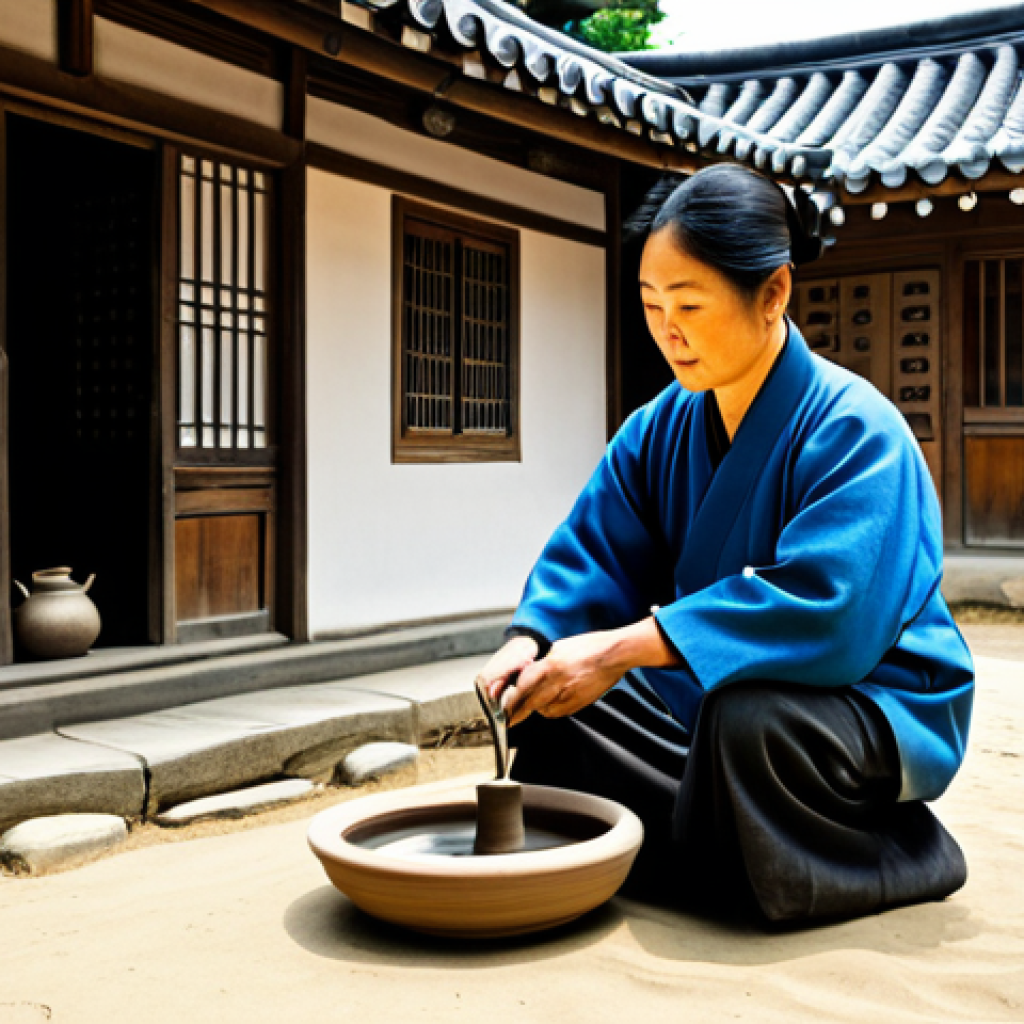 경기도 용인 민속촌 관광명소화 - **
"A picturesque scene inside the Yongin Folk Village, featuring a traditionally dressed craftsman...