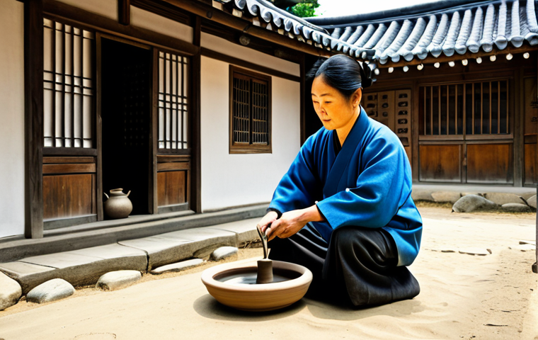 경기도 용인 민속촌 관광명소화 - **

"A picturesque scene inside the Yongin Folk Village, featuring a traditionally dressed craftsman...