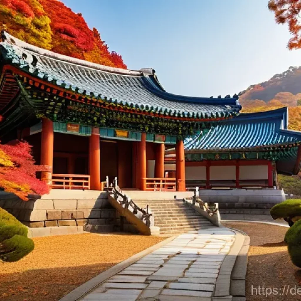한국 종교적 문화재 분포 - **A Serene Buddhist Temple in a Mountain Landscape:**
"A majestic South Korean Buddhist temple, ...