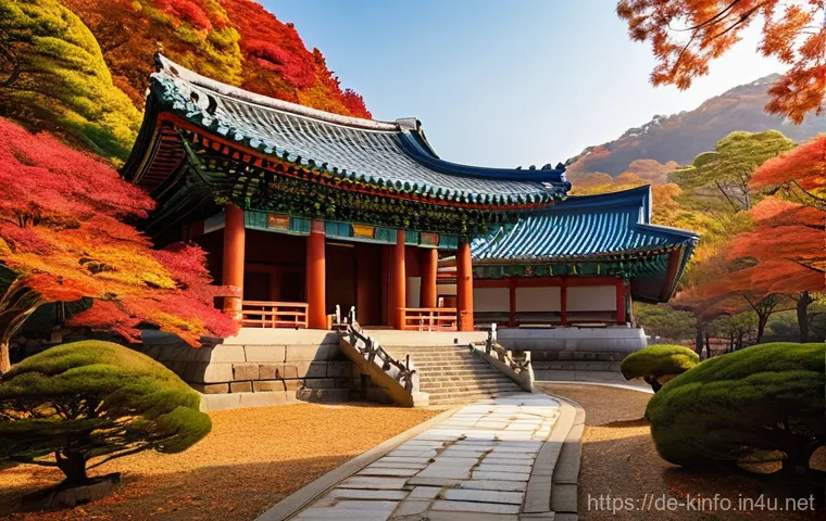 한국 종교적 문화재 분포 - **A Serene Buddhist Temple in a Mountain Landscape:**
    "A majestic South Korean Buddhist temple, ...