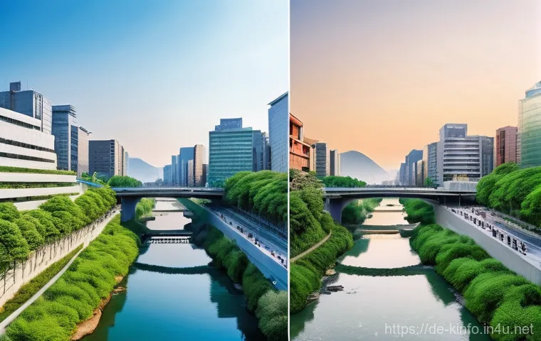 서울 청계천 복원사업 - **Urban Transformation: From Concrete Artery to Green Oasis in Seoul**
    A split image or a seamle...