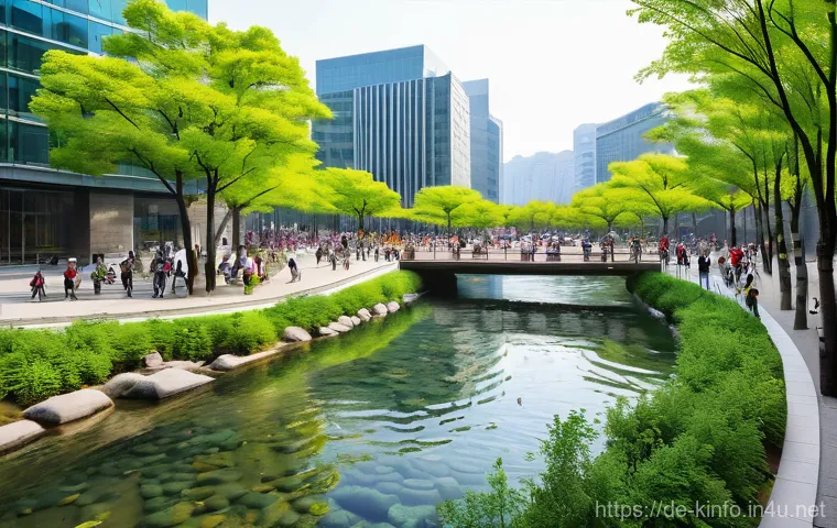 서울 청계천 복원사업 - **Urban Transformation: From Concrete Artery to Green Oasis in Seoul**
    A split image or a seamle...
