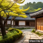 Home 20 전라도 한옥마을 관광지 - A traditional Hanok village scene in spring with wooden houses featuring curved tiled roofs and pape...