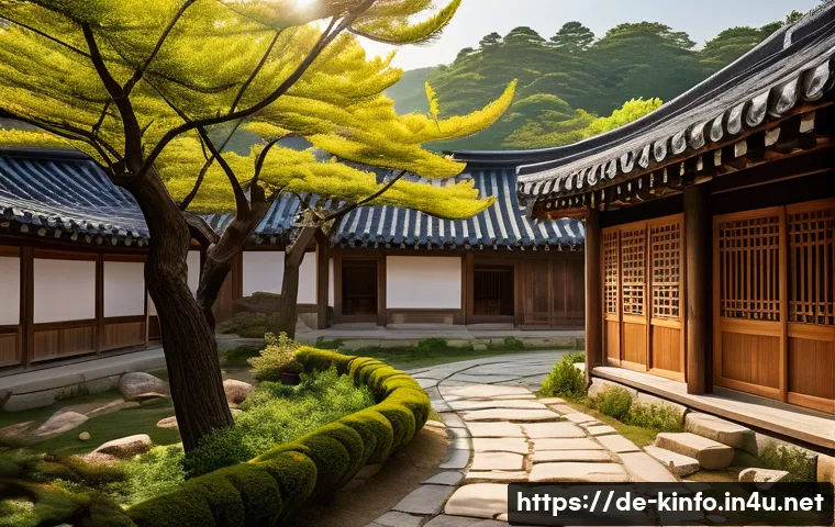 전라도 한옥마을 관광지 - A traditional Hanok village scene in spring with wooden houses featuring curved tiled roofs and pape...