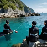Home 18 제주도 해녀 전통문화 - A group of traditional female freedivers wearing modest wetsuits and weight belts, preparing for a d...
