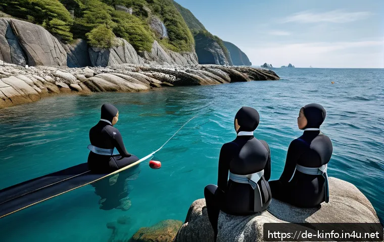 제주도 해녀 전통문화 - A group of traditional female freedivers wearing modest wetsuits and weight belts, preparing for a d...