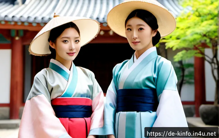 한국 전통 의상과 지역적 차이 - Photorealistic editorial comparison scene of two adult Korean women wearing historically inspired re...